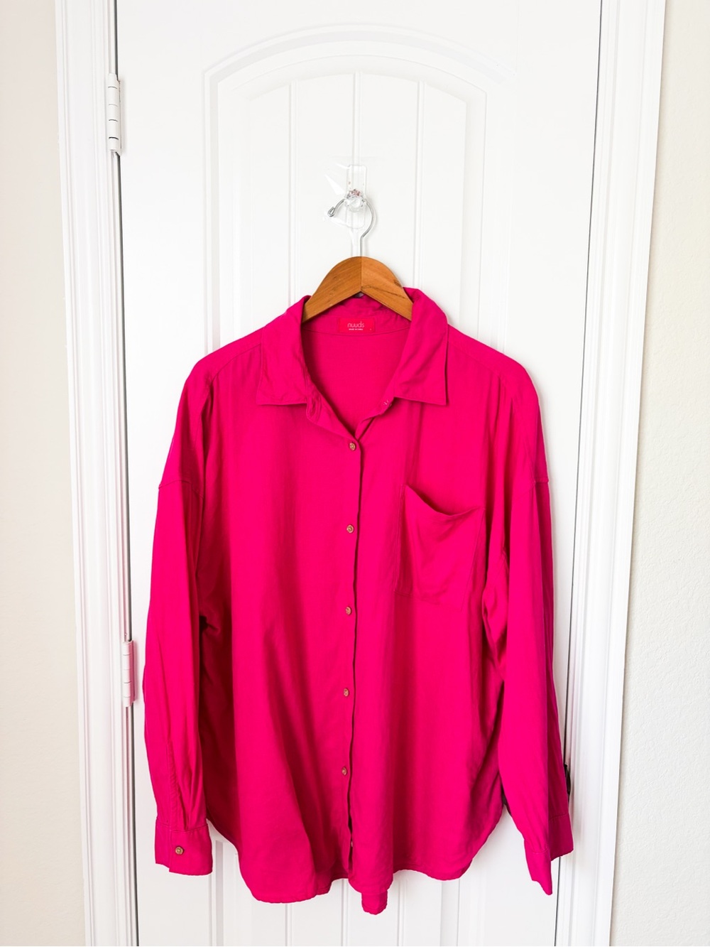 Nuuds Linen Boyfriend Shirt Hot Pink Size Large Button Down